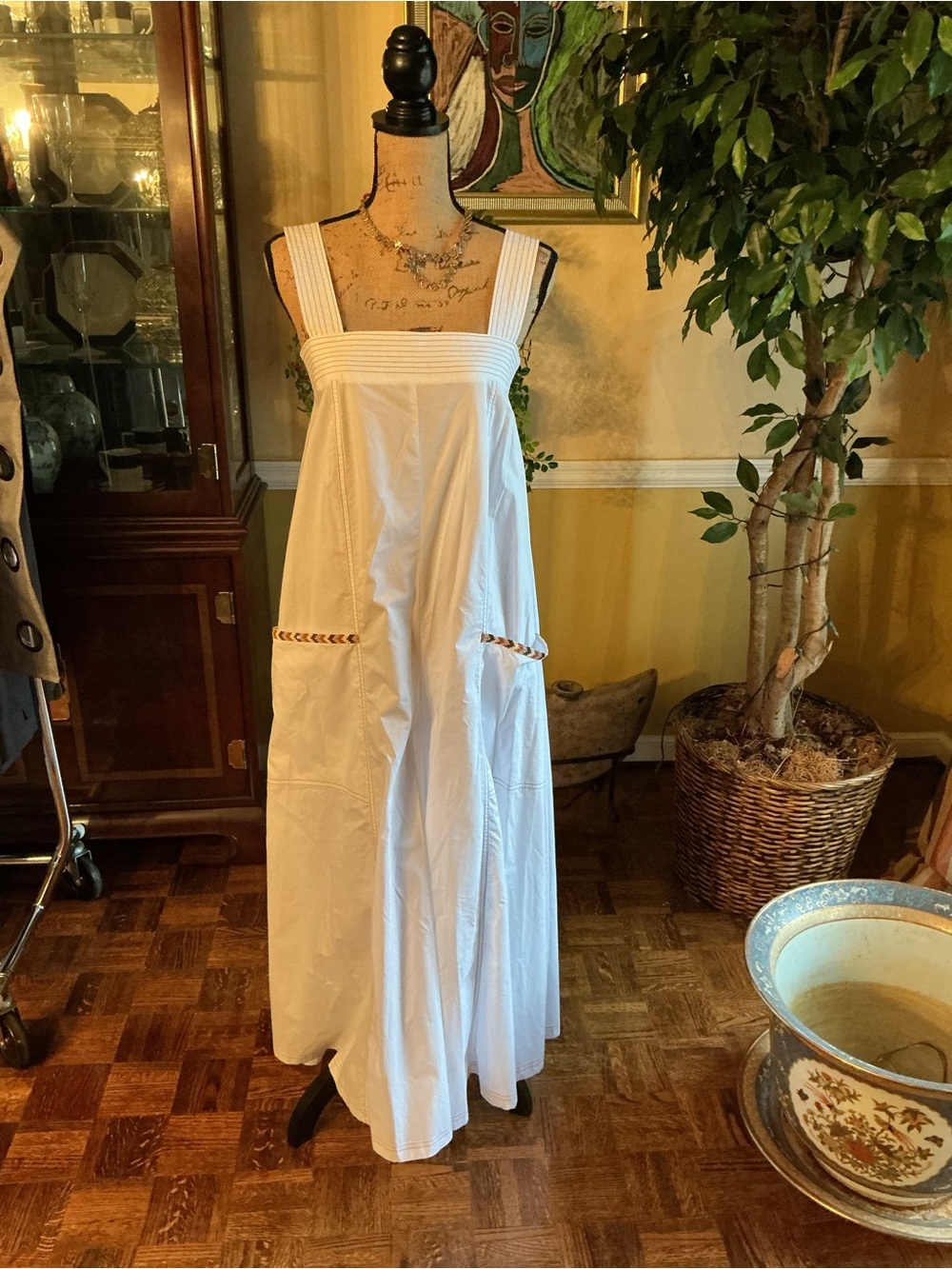 White Square-Neck Maxi Jumpsuit with Pocket Trim